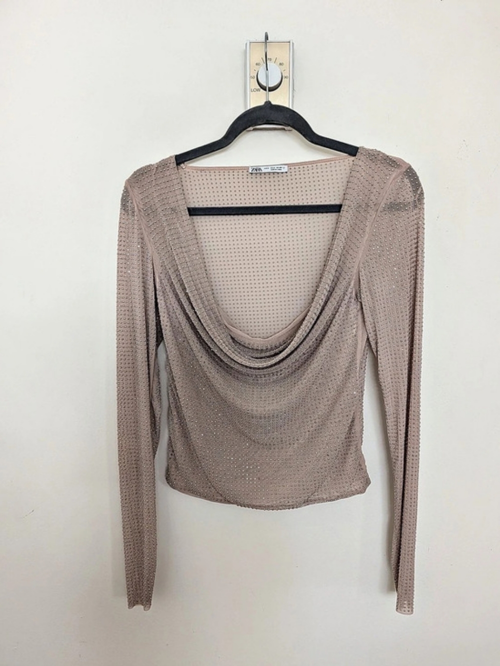 Zara Draped Neck Mesh Top in Taupe Medium Like New